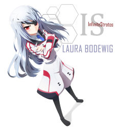Rule 34 | 10s, 1girl, blue necktie, blush, boots, character name, crossed arms, eyepatch, frown, grune, highres, infinite stratos, jodhpurs, laura bodewig, long hair, looking at viewer, necktie, pants, red eyes, silver hair, solo, standing