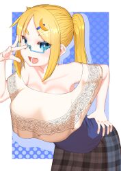 Rule 34 | :d, adjusting eyewear, blonde hair, breasts, cowboy shot, crescent, crescent hair ornament, dithered background, gloggy, hair ornament, hand on own hip, highres, large breasts, leaning forward, looking at viewer, lower teeth only, off shoulder, open mouth, original, parted bangs, plaid, plaid skirt, rectangular eyewear, semi-rimless eyewear, sidelocks, skirt, smile, teeth, twintails, under-rim eyewear, wanda mary (gloggy)