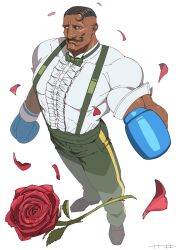 Rule 34 | 1boy, bara, black hair, blue eyes, blue gloves, bow, bowtie, boxing gloves, dark-skinned male, dark skin, dudley, facial hair, falling petals, flower, frilled shirt, frills, full body, gloves, green bow, green bowtie, green pants, handlebar mustache, highres, large pectorals, looking at viewer, male focus, mature male, muscular, muscular male, mustache, no eyebrows, pants, pectorals, petals, red flower, red rose, rose, rose petals, sa1k0p, shirt, short hair, street fighter, street fighter 6, undercut, very dark skin, white background, white shirt