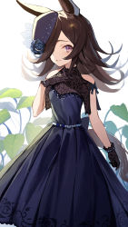 Rule 34 | 1girl, amagasa yun, animal ears, bare shoulders, black dress, black gloves, black hair, black hat, blue flower, blue rose, closed mouth, clothing cutout, commentary request, dress, flower, gloves, hair over one eye, hand up, hat, hat flower, highres, horse ears, horse girl, horse tail, leaf, long hair, looking at viewer, pleated dress, purple eyes, rice shower (umamusume), rose, short sleeves, shoulder cutout, smile, solo, tail, tilted headwear, umamusume, white background