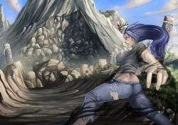 Rule 34 | 1girl, ass, bad id, bad tumblr id, bankage, blue hair, breasts, denim, jeans, large breasts, midriff, mountain, original, pants, purple eyes, rope, shimenawa, shirt, solo, t-shirt, torn clothes, torn pants