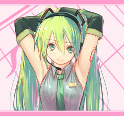 Rule 34 | 1girl, armpits, arms behind head, arms up, bad id, bad pixiv id, face, green eyes, green hair, hatsune miku, kakaon, matching hair/eyes, necktie, sketch, smile, solo, twintails, vocaloid