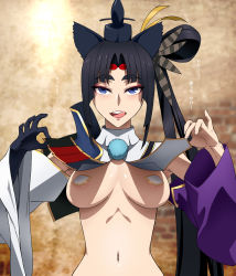 Rule 34 | 1girl, areola slip, armpits, asymmetrical sleeves, bare shoulders, black gloves, black hat, blue eyes, breast curtain lift, breast curtains, breasts, breasts apart, circlet, clothes lift, covered erect nipples, detached sleeves, eyeshadow, fate/grand order, fate (series), feather hair ornament, feathers, gloves, hair ornament, hair rings, hat, highres, licking lips, lifted by self, makeup, medium breasts, mismatched sleeves, naughty face, navel, open mouth, parted lips, pasties, pom pom (clothes), purple sleeves, revealing clothes, shoujo donburi, single glove, solo, stomach, teeth, thick eyebrows, tongue, tongue out, translation request, upper body, upper teeth only, ushiwakamaru (fate), white sleeves