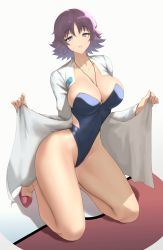 Rule 34 | 1girl, absurdres, anagumasan, blue one-piece swimsuit, breasts, cleavage, creatures (company), game freak, highres, jewelry, kneeling, lab coat, large breasts, looking at viewer, narrow waist, nintendo, one-piece swimsuit, parted lips, philena ivy, pokemon, pokemon (anime), pokemon (classic anime), purple eyes, purple hair, shoes, short hair, smile, solo, strapless, swimsuit, thighs