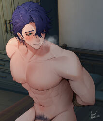 Rule 34 | 1boy, abs, arms behind back, artist name, asa ifrit (asaifrit), bara, blue hair, blush, bound, bound wrists, completely nude, earrings, green eyes, highres, honkai: star rail, honkai (series), jewelry, large pectorals, male focus, male pubic hair, muscular, muscular male, navel, nipples, nude, pectorals, pubic hair, rope, sampo koski, short hair, sitting, solo, twitter username