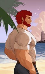 Rule 34 | 1boy, absurdres, akunaakun (kunkun586586), bara, beach, beard, facial hair, fate/zero, fate (series), feet out of frame, from side, highres, iskandar (fate), large pectorals, looking at viewer, male focus, mature male, muscular, muscular male, pectorals, profile, red eyes, red hair, sand, shirt, short hair, sideways glance, smile, solo, standing, t-shirt, thick eyebrows, tight clothes, tight shirt