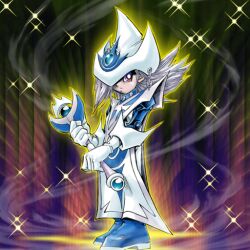 1girl anonymous_(yu-gi-oh!) gloves grey_hair hat holding holding_staff long_hair looking_at_viewer official_art one_eye_covered purple_eyes silent_magician silent_magician_lv4 sparkle staff tabard third-party_source white_gloves white_hat white_tabard wizard_hat yu-gi-oh!