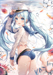 Rule 34 | 1girl, 39, :d, absurdres, air bubble, arm up, ass, barefoot, belt, bikini, bikini bottom only, blue bikini, blue eyes, blue hair, blue ribbon, breasts, bubble, commentary request, crop top, dangmyo, flower, freediving, hand on headwear, hat, hatsune miku, highres, korean commentary, long hair, long sleeves, looking at viewer, looking back, medium breasts, midriff, mixed-language commentary, necktie, no pants, open mouth, peaked cap, revision, ribbon, sailor collar, sailor shirt, shirt, sidelocks, smile, solo, swimsuit, thighs, twintails, underwater, very long hair, vocaloid, water, white shirt