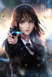Rule 34 | 1girl, blood, blood on clothes, blue eyes, blurry, brown hair, collared shirt, commentary, cover, cover page, crying, crying with eyes open, depth of field, elpenlit, embers, english commentary, expressionless, gun, handgun, highres, holding, holding gun, holding weapon, long hair, looking at viewer, mixed-language commentary, necktie, novel cover, pointing gun, rain, science fiction, shirt, tears, theory of paradise, weapon