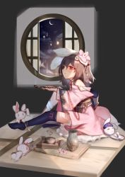 Rule 34 | 1girl, adapted costume, animal ears, architecture, bare shoulders, black thighhighs, blowing smoke, brown hair, cosplay, crescent moon, east asian architecture, floppy ears, flower, full body, hair between eyes, hair flower, hair ornament, hat, hibiscus, highres, holding, holding smoking pipe, inaba mob (touhou), inaba tewi, indoors, kiseru, light blush, looking up, medium hair, moon, night, night sky, nurse cap, off shoulder, over-kneehighs, parted lips, petticoat, pink flower, pink robe, rabbit, rabbit ears, red eyes, robe, round window, sitting, sky, sleeping, smoking pipe, solo, tatami, thighhighs, tlobtr, touhou, window, yagokoro eirin, yagokoro eirin (cosplay)