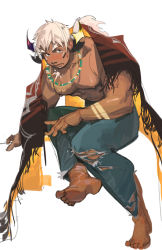 Rule 34 | 1boy, absurdres, animal ears, asymmetrical horns, bara, bare pectorals, barefoot, blush, brown eyes, brown hair, cloak, cow boy, cow ears, cow horns, dark-skinned male, dark skin, dichuan (arriverw), facepaint, facial hair, fiery horns, forked eyebrows, full body, glowing horns, goatee, highres, horns, jewelry, looking at viewer, male focus, mismatched horns, muscular, muscular male, necklace, nipples, pants, pectorals, short hair, sitting, solo, thick eyebrows, tokyo houkago summoners, torn clothes, torn pants, wakan tanka, wakan tanka mugen, white background