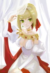Rule 34 | blonde hair, cape, fate/grand order, fate (series), fishy 721, gold, greco-roman clothes, green eyes, highres, jewelry, looking at viewer, nero claudius (fate), nero claudius (fate) (all), nero claudius (fate/extra), ribbon, roman clothes, smile, solo