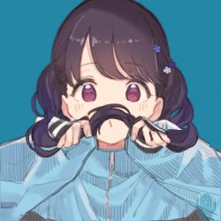 Rule 34 | 1girl, blue background, blue jacket, blurry, blush, commentary request, film grain, flower, fukumaru koito, hair flower, hair ornament, holding, holding own hair, idolmaster, idolmaster shiny colors, ir, jacket, looking at viewer, paayan (hagakinorock54), purple eyes, solo, track jacket, twintails, upper body, zipper