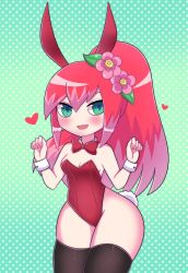 Rule 34 | 1girl, artist request, blush, breasts, flower, flower on head, green eyes, hair ornament, happy, highres, leotard, looking at viewer, playboy bunny, rabbit ears, rabbit tail, red hair, small breasts, source request, tsubakihime (youkai watch), wide hips, wrist cuffs, youkai watch, youkai watch puni puni