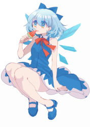Rule 34 | 1girl, absurdres, bare legs, bare shoulders, blue bow, blue dress, blue eyes, blue footwear, blue hair, bow, breasts, buttons, cirno, detached wings, dress, food, full body, highres, holding, holding food, medium hair, no shirt, no socks, pinafore dress, popsicle, shocho (shaojiujiu), sleeveless, sleeveless dress, small breasts, solo, touhou, watermelon bar, wings