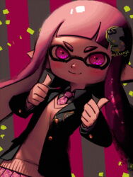 Rule 34 | 1girl, alternate costume, artist name, bellhenge, black jacket, blazer, blunt bangs, blush, buttons, closed mouth, coattails, collared shirt, commentary, confetti, crest, double thumbs up, english commentary, gleam, grey background, grey shirt, hair ornament, inkling, inkling girl, inkling player character, jacket, long hair, long sleeves, looking at viewer, low twintails, necktie, nintendo, open clothes, open jacket, palette swap, pink background, pink eyes, pink hair, pink necktie, pink skirt, pink vest, plaid, plaid necktie, plaid skirt, pleated skirt, pointy ears, school uniform, shirt, skirt, smile, solo, splatoon (series), striped, striped background, super smash bros., sweater vest, tentacle hair, thumbs up, twintails, two-tone background, v-shaped eyebrows, vest