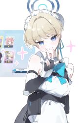 Rule 34 | 1girl, apron, bare shoulders, black gloves, blonde hair, blue archive, blue eyes, breasts, elbow gloves, fingerless gloves, frills, game screenshot inset, gloves, halo, highres, looking at viewer, maid, maid headdress, medium breasts, meunhongcha, serina (blue archive), simple background, solo, sparkle, toki (blue archive), w, white apron, white background