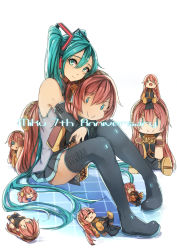 Rule 34 | 1girl, boots, character doll, character name, detached sleeves, genyaky, green eyes, green hair, hatsune miku, long hair, looking at viewer, matching hair/eyes, megurine luka, sitting, skirt, solo, takoluka, thigh boots, thighhighs, twintails, very long hair, vocaloid