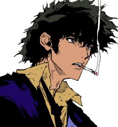 Rule 34 | 1boy, black hair, black necktie, blue jacket, brown eyes, cigarette, collared shirt, cowboy bebop, highres, jacket, male focus, mouth hold, my nameisyoon, necktie, shirt, short hair, simple background, smoking, solo, spike spiegel, upper body, white background, yellow shirt