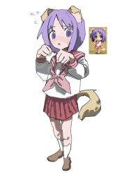 Rule 34 | 1girl, :o, animal ears, blue eyes, blue pupils, blush, brown footwear, dog ears, dog girl, dog tail, enorari, floppy ears, full body, hands up, highres, hiiragi tsukasa, light purple hair, long sleeves, looking at viewer, lucky star, miniskirt, neckerchief, nendoroid, nose blush, open mouth, parted bangs, paw pose, photo-referenced, pink neckerchief, pleated skirt, red sailor collar, red skirt, ryouou school uniform, sailor collar, school uniform, serafuku, shoes, short hair, simple background, skirt, socks, solo, standing, tail, white background, white serafuku, white socks