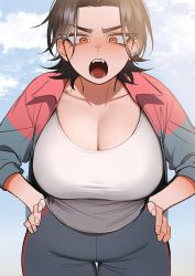 Rule 34 | 1girl, angry, black hair, blue sky, breasts, brown eyes, cleavage, coach, commentary request, dotsuco, fang, gym teacher, hands on own hips, jacket, large breasts, leaning forward, looking at viewer, mature female, open clothes, open jacket, open mouth, original, pants, short hair, sky, tank top, track jacket, track pants, white tank top
