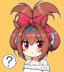 Rule 34 | 1girl, ?, animal ears, blush, borrowed hairstyle, bow, breasts, brown hair, cinnamiku hairstyle, cleavage, closed mouth, collarbone, commentary request, daiwa scarlet (umamusume), fang, fang out, frilled shirt, frills, hair bow, hair intakes, highres, horse ears, looking at viewer, medium breasts, off-shoulder shirt, off shoulder, outline, polka dot, polka dot background, red bow, shirt, solo, spoken question mark, takiki, tiara, twintails, umamusume, upper body, white outline, white shirt, yellow background