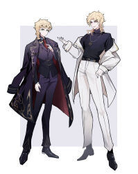Rule 34 | 2boys, black coat, black nails, black pants, blonde hair, chuchumimipupu, coat, coat on shoulders, commentary request, dio brando, earrings, expressionless, father and son, fingernails, giorno giovanna, green eyes, highres, jewelry, jojo no kimyou na bouken, male focus, multiple boys, necklace, pants, red eyes, sharp fingernails, smile, stardust crusaders, turtleneck, v-shaped eyebrows, vento aureo, white coat