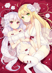 Rule 34 | 2girls, :3, ahoge, babydoll, bare arms, bare shoulders, bekotarou, blonde hair, blush, bow, bow panties, breasts, cleavage, closed mouth, collarbone, commentary request, flower, green eyes, hair flower, hair ornament, hair scrunchie, head tilt, highres, large breasts, long hair, looking at viewer, low twintails, lying, multiple girls, navel, no shoes, on back, on side, original, panties, pink scrunchie, red bow, red eyes, rose, scrunchie, side-tie panties, silver hair, thighhighs, twintails, underwear, very long hair, white flower, white legwear, white panties, white rose
