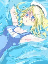 Rule 34 | 10s, 1girl, bad id, bad pixiv id, blonde hair, blue eyes, breasts, character name, glasses, hat, i-8 (kancolle), kantai collection, sailor hat, school swimsuit, sketch, solo, swimming, swimsuit, tokoi, water