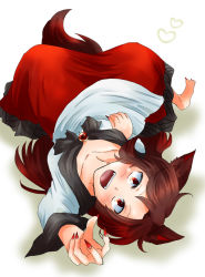 Rule 34 | 1girl, animal ears, barefoot, blouse, brooch, brown hair, fangs, fingernails, foreshortening, heart, imaizumi kagerou, jewelry, long fingernails, long hair, looking at viewer, lying, multicolored hair, nail polish, on back, open mouth, reaching, red eyes, red hair, red nails, shirt, skirt, smile, solo, tail, touhou, unya, upside-down, wolf ears, wolf tail