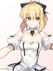 Rule 34 | 1girl, ahoge, artoria pendragon (fate), bare shoulders, black ribbon, blonde hair, cowboy shot, detached collar, detached sleeves, fate/grand order, fate (series), green eyes, hair between eyes, hair ribbon, looking at viewer, nikame, ribbon, saber lily, smile, solo, white background