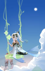 Rule 34 | 1girl, absurdres, blue sky, cape, cloud, cloudy sky, commentary, dress, english commentary, from behind, genshin impact, gradient hair, green eyes, hair between eyes, hair ornament, highres, long hair, looking at viewer, looking back, multicolored hair, nahida (genshin impact), qixia, short sleeves, side ponytail, sidelocks, sky, solo, swing, symbol-shaped pupils, white dress, white hair