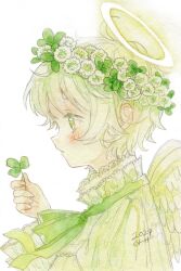 Rule 34 | 1boy, 2024, androgynous, angel, angel wings, closed mouth, clover, flower, frilled shirt, frills, from side, green eyes, green flower, green hair, green ribbon, green shirt, green theme, halo, head wreath, highres, holding, holding clover, kurebe, light blush, looking ahead, male focus, neck ribbon, original, painting (medium), ribbon, shirt, short hair, signature, simple background, solo, traditional media, watercolor (medium), white background, wings