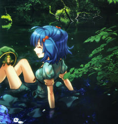 Rule 34 | 1girl, an2a, arm support, blue hair, closed eyes, female focus, frog, hat, unworn hat, unworn headwear, highres, image sample, kawashiro nitori, leaf, nature, profile, reflection, scan, short hair, sitting, smile, solo, touhou, tree, twintails, two side up, water, wet, wet clothes