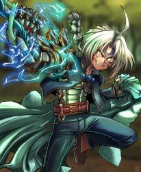 Rule 34 | ahoge, alternate color, alternate costume, alternate eye color, alternate hair color, alternate weapon, armor, aura, belt, belt buckle, blue gemstone, buckle, chest jewel, claw (weapon), clawed gauntlets, corruption, crescent, crossover, dark persona, double helix, edward elric, electricity, evil grin, evil smile, facial tattoo, fierce deity, fingerless gloves, fullmetal alchemist, gauntlets, gem, gloves, glowing, grin, highres, leg up, long hair, looking at viewer, nintendo, pants, pauldrons, ponytail, possessed, possession, short male, shoulder armor, single gauntlet, single pauldron, smile, spiked pauldrons, square enix, stoic seraphim, tattoo, the legend of zelda, the legend of zelda: majora&#039;s mask, weapon, white eyes, white hair