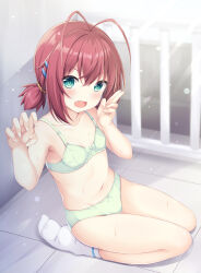 Rule 34 | 1girl, absurdres, antenna hair, bare arms, bare shoulders, blush, bow, bow bra, bow panties, bra, breasts, brown hair, collarbone, commentary request, fang, full body, green bra, green eyes, green panties, hair between eyes, hair ornament, hairclip, highres, looking at viewer, low twintails, navel, no shoes, on floor, open mouth, original, panties, sakuraba hikaru (loveindog), seiza, sitting, small breasts, socks, solo, tile floor, tiles, twintails, underwear, underwear only, v-shaped eyebrows, white socks