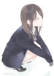 Rule 34 | 1girl, ama mitsuki, blazer, blush, brown eyes, brown hair, closed mouth, dated, from side, full body, jacket, lips, loafers, long hair, original, pleated skirt, profile, school uniform, shoes, simple background, skirt, solo, squatting, tsurime, twitter username, white background, white skirt