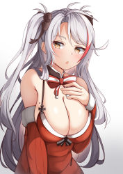 Rule 34 | 1girl, :q, absurdres, azur lane, blush, breasts, brown eyes, cleavage, commentary request, cross, detached sleeves, dress, gradient background, grey background, hand up, highres, iron cross, large breasts, long hair, long sleeves, looking at viewer, mole, mole on breast, moyoron, multicolored hair, open mouth, parted bangs, prinz eugen (azur lane), red dress, red hair, red sleeves, silver hair, sleeveless, sleeveless dress, sleeves past wrists, smile, solo, streaked hair, tongue, tongue out, two-tone hair, very long hair, white background
