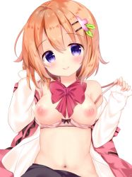 Rule 34 | 1girl, bare shoulders, black skirt, blush, bow, bow bra, bra, bra pull, breasts, brown hair, closed mouth, clothes pull, commentary request, gochuumon wa usagi desu ka?, hair between eyes, hair ornament, hairclip, hands up, has bad revision, has downscaled revision, head tilt, hoto cocoa, long sleeves, looking at viewer, md5 mismatch, medium breasts, navel, nipples, open clothes, open shirt, pink bow, pink bra, pink vest, purple eyes, rabbit house uniform, resolution mismatch, rikatan, shirt, simple background, skirt, sleeves past wrists, smile, solo, source smaller, underwear, uniform, vest, waitress, white background, white shirt