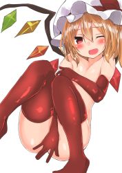 Rule 34 | 1girl, ;d, between legs, blonde hair, blush, commentary request, covering breasts, covering crotch, covering privates, elbow gloves, fang, flandre scarlet, gloves, golgi hon, hair between eyes, hand between legs, hat, highres, looking at viewer, mob cap, no shoes, nude, one eye closed, open mouth, red eyes, red gloves, red thighhighs, simple background, smile, solo, thighhighs, touhou, white background, white hat