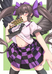 Rule 34 | 1girl, absurdres, bird wings, black hair, black skirt, black thighhighs, black wings, blush, border, brown eyes, cellphone, checkered clothes, checkered skirt, closed mouth, commentary, green background, hat, highres, himekaidou hatate, holding, holding phone, long hair, midriff, mob cap, navel, phone, purple hat, purple skirt, shirt, short sleeves, simple background, skirt, smile, solo, thighhighs, touhou, twintails, white border, white shirt, wings, yuuka (a0240765)