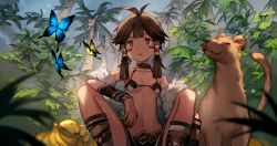 Rule 34 | 1girl, animal, antenna hair, banana, bikini, bikini top only, blurry, breasts, brown hair, bug, butterfly, cleavage, collarbone, depth of field, food, forest, from below, fruit, highres, insect, lee hyeseung, midriff, nature, navel, original, outdoors, palm tree, short hair with long locks, sidelocks, sitting, small breasts, solo, squatting, swimsuit, tree