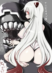 Rule 34 | 10s, 1girl, abyssal ship, airfield princess, ass, barefoot, breasts, jema, kantai collection, long hair, looking at viewer, looking back, red eyes, sitting, smile, solo, thong, toes, translation request, very long hair, wariza, white hair