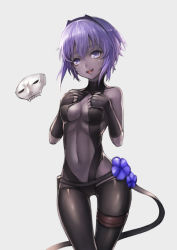 Rule 34 | 1girl, bare shoulders, blue eyes, blue hair, breasts, elbow gloves, fate/grand order, fate/prototype, fate/prototype: fragments of blue and silver, fate (series), fingerless gloves, flower, gloves, grey background, hairband, hassan of serenity (fate), mask, navel, open mouth, pants, short hair