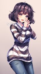 Rule 34 | 1girl, ahoge, black eyes, black hair, blush, brown hair, commission, denim, grey eyes, highres, jeans, long sleeves, looking at viewer, open mouth, original, own hands together, pants, sasucchi95, shirt, short hair, smile, solo, steepled fingers, striped clothes, striped shirt, sweater, upper body