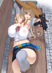 Rule 34 | 1girl, arm up, bare shoulders, belt, blonde hair, blue eyes, boots, bracelet, breasts, detached sleeves, gun, hair between eyes, hat, highres, holding, holding gun, holding weapon, jewelry, kouno (masao), large breasts, long hair, looking at viewer, lying, midriff, navel, nipples, on back, one eye closed, open mouth, original, pencil skirt, see-through, skirt, solo, strapless, thighhighs, weapon, white thighhighs