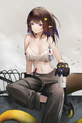 Rule 34 | 1girl, absurdres, arknights, blue eyes, breasts, brown hair, cup, disposable cup, eunectes (arknights), eunectes (forgemaster) (arknights), flower, hair flower, hair ornament, highres, large breasts, crossed legs, midriff, navel, official alternate costume, pants, pointy ears, sitting, snake tail, solo, tail, work gloves, zhuang yao