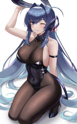 Rule 34 | 1girl, ;), absurdres, animal ears, arm strap, arm up, azur lane, bare shoulders, black footwear, black leotard, blue eyes, blue hair, blush, bodystocking, breasts, brown pantyhose, chinese commentary, cleavage, commentary request, covered navel, eternity (shadeh), fake animal ears, full body, hair between eyes, headgear, high heels, highres, kneeling, large breasts, leotard, long hair, looking at viewer, new jersey (azur lane), new jersey (exhilarating steps!) (azur lane), official alternate costume, one eye closed, pantyhose, playboy bunny, rabbit ears, see-through, see-through cleavage, simple background, smile, solo, very long hair, white background