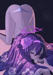Rule 34 | 1girl, ass, blue archive, flower, hair between eyes, hair flower, hair ornament, hairband, halo, haruka (blue archive), its2h35, japanese clothes, panties, purple hair, solo, tagme, top-down bottom-up, underwear, white panties, wide sleeves