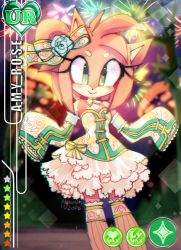 Rule 34 | 1girl, alternate costume, amy rose, animal ears, artist name, bare shoulders, blurry, blurry background, blush, breasts, character name, chromatic aberration, cleavage, closed mouth, cosplay, dated, detached collar, detached sleeves, diamond (shape), dress, english text, female focus, fireworks, flower, frilled dress, frills, furry, furry female, green eyes, hair bun, hair flower, hair ornament, hair ribbon, hands up, happy, heart, kneehighs, love live!, love live! school idol festival, love live! school idol project, minami kotori, minami kotori (cosplay), night, outdoors, parody, pink hair, pink socks, ribbon, short hair, signature, single hair bun, sleeves past fingers, sleeves past wrists, small breasts, smile, socks, solo, sonic (series), spacecolonie, standing, star (symbol), strapless, strapless dress, thighhighs, white flower, white ribbon, zettai ryouiki